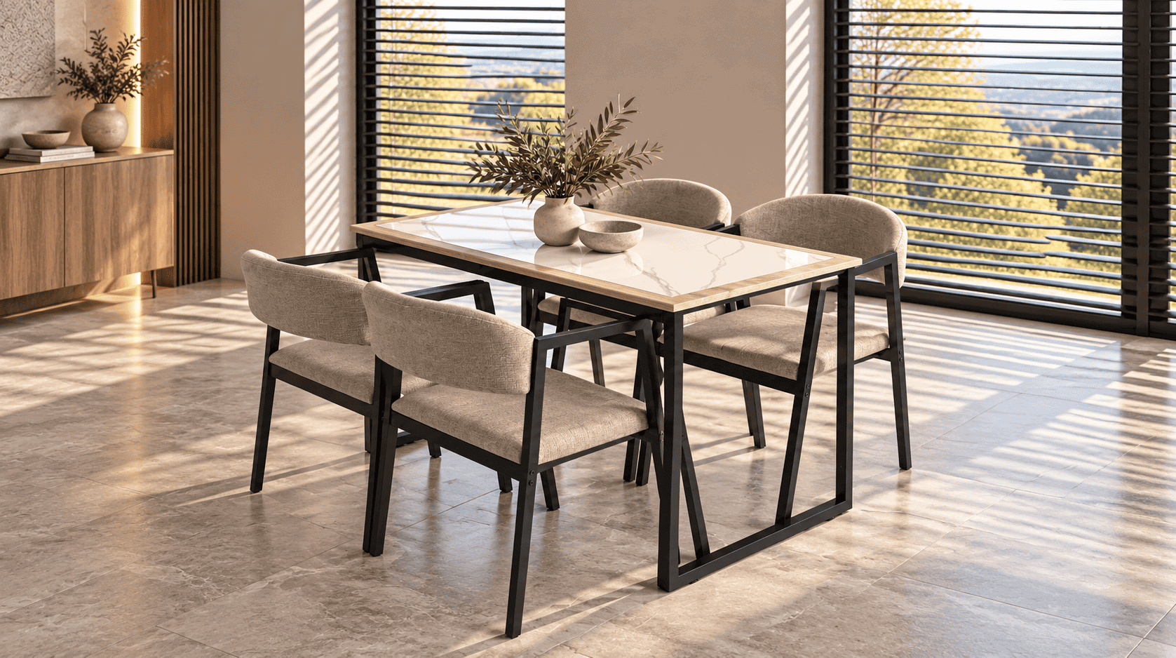 OLSEN stalas + 4 (I gr.) kėdės (White Marble/#160-01 Sonoma/378-08 Rusvas) 4