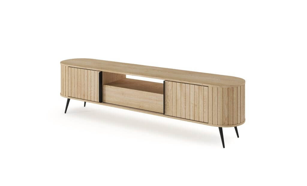 LOVI B RTV TV komoda 2D1S iš viršaus šviesi medžio spalva šonu su stalčiumi