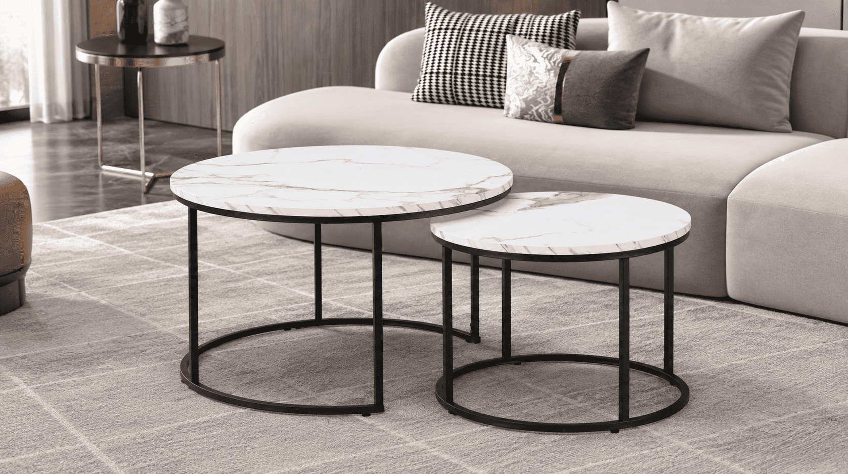KIRO apvalių staliukų komplektas (2vnt.) (White Marble Melamine Nr.01) 05