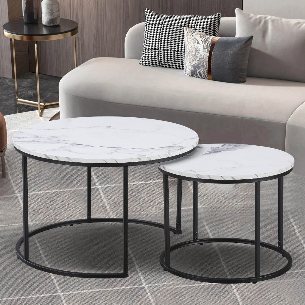 KIRO apvalių staliukų komplektas (2vnt.) (White Marble Melamine Nr.01)