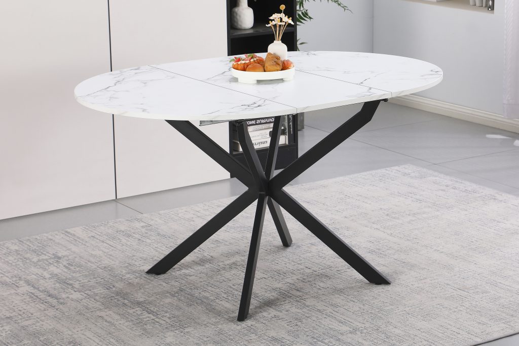 ORBO-100 apvalus išskleidžiamas stalas (White Marble Melamine Nr.01)