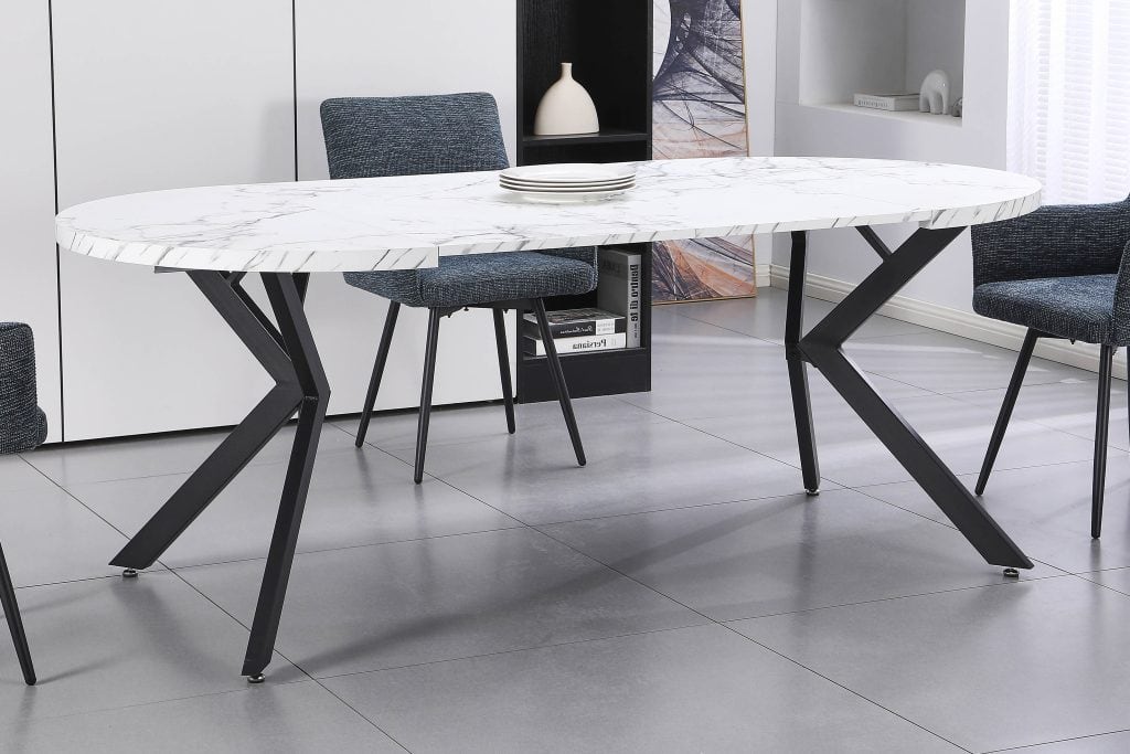 PERO-80 apvalus išskleidžiamas stalas (White Marble Melamine Nr.01) 5