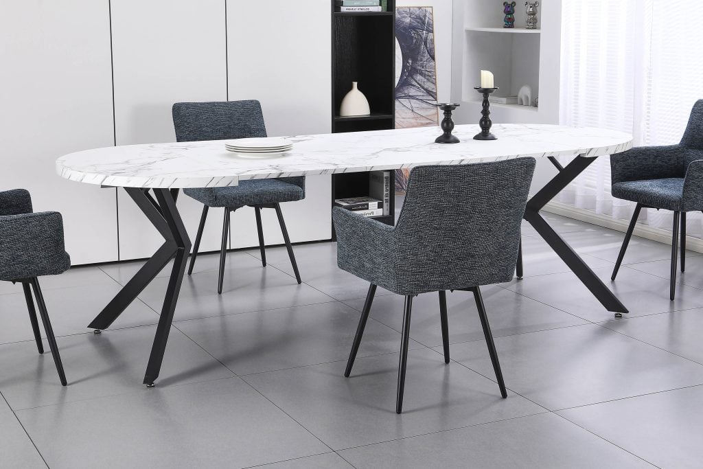 PERO-80 apvalus išskleidžiamas stalas (White Marble Melamine Nr.01)