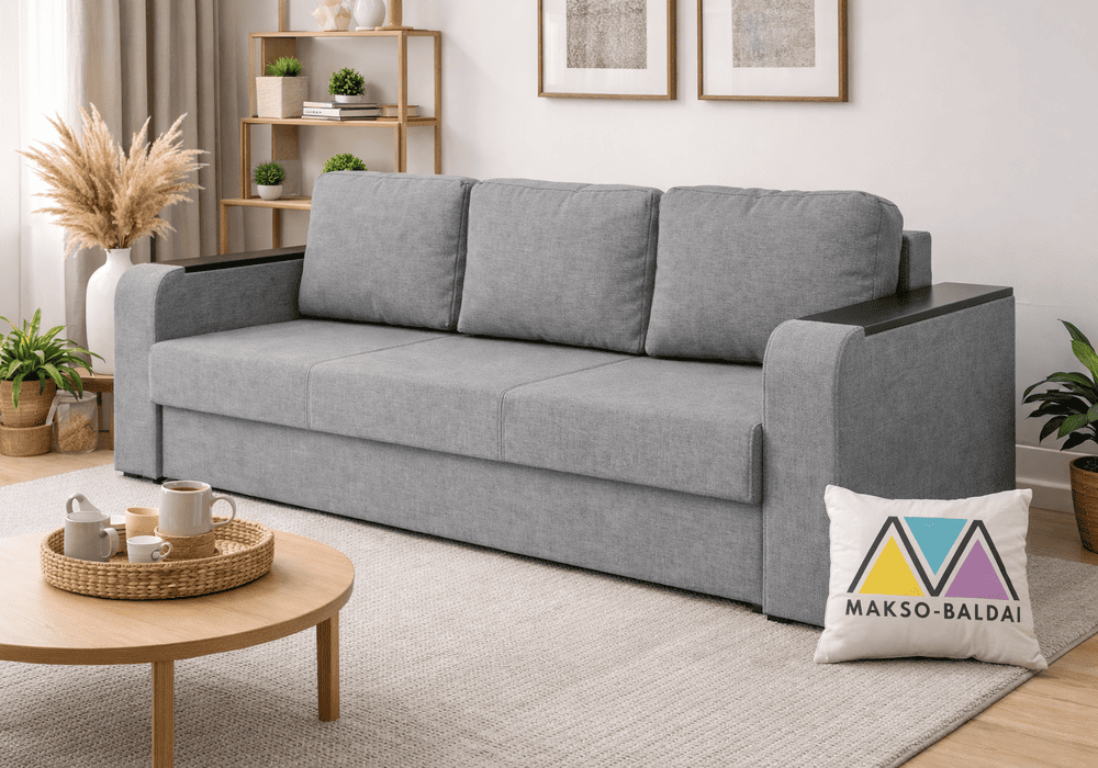 Sofa lova Moris pilkos spalvos interjere Makso Baldai