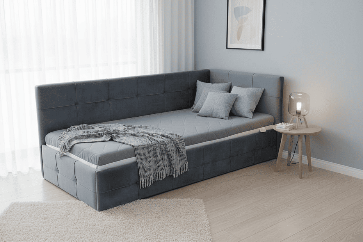 viengule lova boston su čiužiniu pilka kambaryje